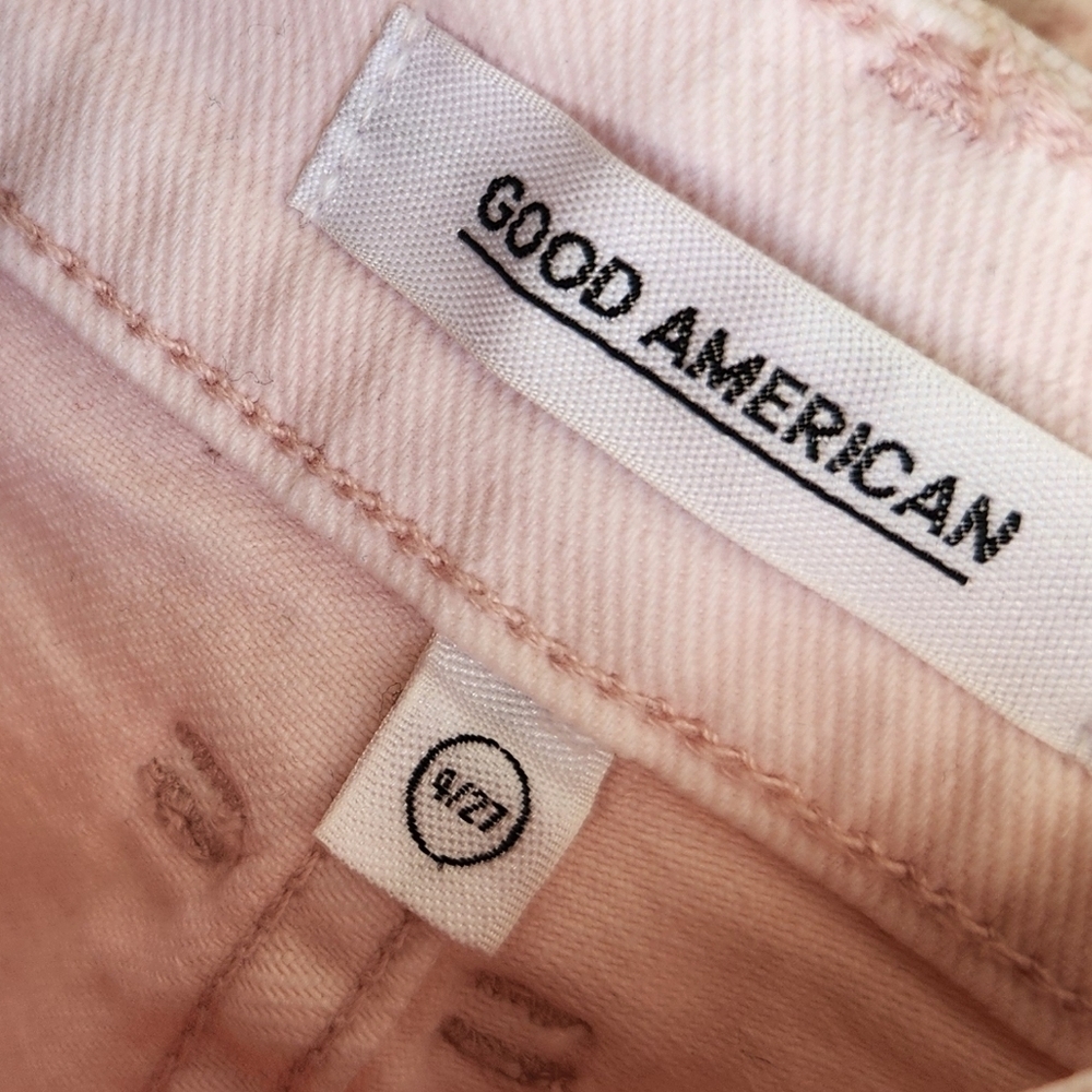 Good American The Bombshell Frayed Side Slit Denim Mini Skirt Pink Stretch - Picture 2 of 2